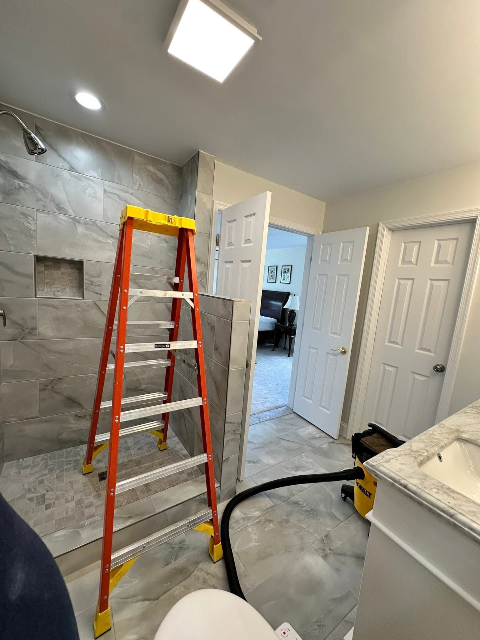 Marble shower remodel nearing completion by Newman's Plumbing in Greenbrier, Chesapeake, VA
